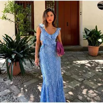Летнее ажурное вышитое макси-платье для женщин, сексуальное без рукавов, спинки, оборки, длинное пляжное платье, праздничное женское вечернее платье S синий