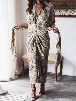 Летнее Бандажное платье-рубашка женское модное платье на пуговицах с рюшами повседневное платье с короткими рукавами и принтом женское элегантное вечернее платье халат S светло-коричневого