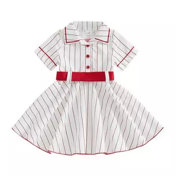 Летнее бейсбольное платье для девочек в полоску с принтом на пуговицах, платье с короткими рукавами и поясом для малышей, милая одежда белый