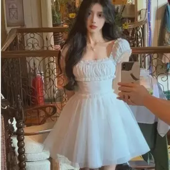 Летнее белое платье French First Love - элегантная пышная юбка-фея с тонкой талией, короткая длина S белый