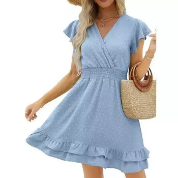 Летнее белое платье с высокой талией, милое платье с V-образным вырезом, оборками и короткими рукавами в горошек, повседневное пляжное мини-платье из хлопка и льна, Vestidos 25628 S орион