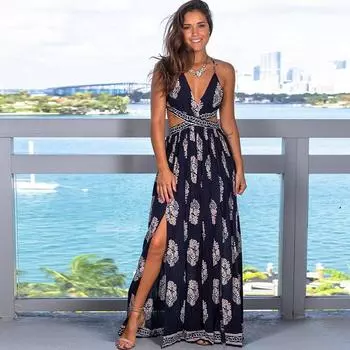 Летнее белое платье в стиле бохо с сексуальным цветочным принтом, V-образным вырезом и открытой спиной, длинное платье, винтажное пляжное платье с высокой талией, женское платье 25233 S синий