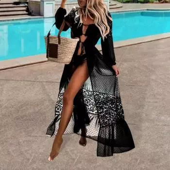 Летнее бикини, прозрачное кружевное тонкое кардиган с длинными рукавами и кисточками, солнцезащитный крем, лоскутное платье макси на шнуровке, летнее пляжное платье, женская одежда M чёрный
