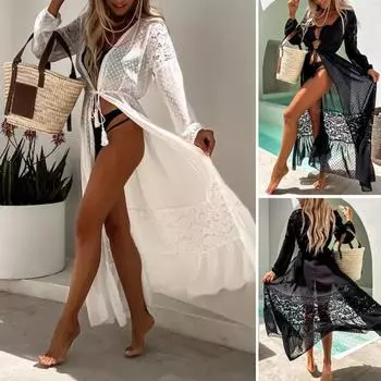 Летнее бикини, прозрачное кружево с длинными рукавами, тонкий кардиган с кисточками, солнцезащитный крем, лоскутное кружево S чёрный