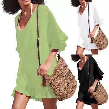 Летнее бикини с рюшами и пляжным платьем One Size чёрный