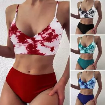 Летнее бикини с v-образным вырезом на бретельках и двумя красками с принтом, бюстгальтер с завязками, трусы с высоким вырезом