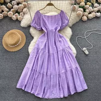 Летнее богемное белое платье для женской одежды, тонкое длинное платье с квадратным вырезом и пышными рукавами для пожилого возраста One Size белый