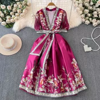 Летнее богемное длинное платье с цветочным принтом, женское платье с v-образным вырезом и пышными рукавами, винтажное бандажное платье с принтом на шнуровке, женская одежда 1651 M синий