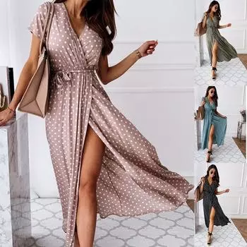 Летнее богемное платье с v-образным вырезом и короткими рукавами в горошек, модная сексуальная повседневная длинная юбка S чёрный