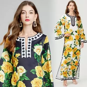Летнее богомское платье макси, подиумное женское платье с круглым вырезом и рукавами «летучая мышь», свободные халаты с принтом розы, длинные платья в стиле бохо, Vestidos 613 S жёлтый