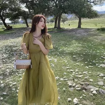 Летнее большое женское корейское длинное платье в стиле ретро, повседневные универсальные женские платья M