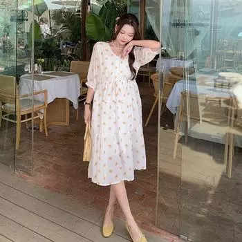 Летнее большое женское корейское платье с цветочным принтом, женские платья с v-образным вырезом и короткими рукавами M