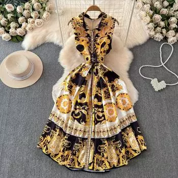 Летнее брендовое дизайнерское винтажное вечернее платье с принтом для подиума, женская рубашка без рукавов с лацканами, платья-майки S