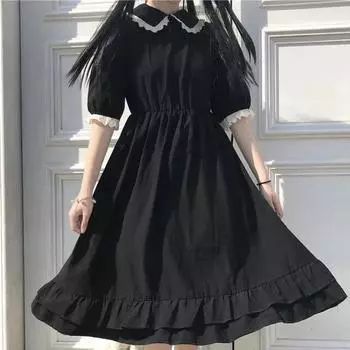 Летнее черное платье в стиле кавайной Лолиты Mori Girl Fairy Cute Lolita Платье Питера Пэна с воротником и пышными рукавами 4XL чёрный