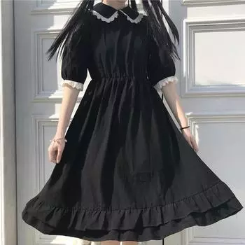 Летнее черное платье в стиле кавайной Лолиты Mori Girl Fairy Cute Lolita Платье Питера Пэна с воротником и пышными рукавами 4XL чёрный