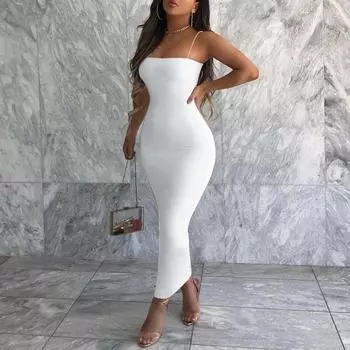Летнее черное сексуальное платье женское уличное платье без рукавов с открытой спиной однотонное облегающее платье на тонких бретельках повседневная клубная одежда элегантные вечерние платья S белый