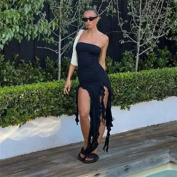 Летнее черное сексуальное платье женское уличное платье без рукавов с открытой спиной однотонное облегающее платье на тонких бретельках повседневная клубная одежда элегантные вечерние платья Y2K L чёрный