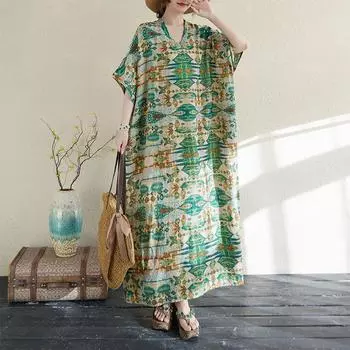 Летнее цветное отпускное платье в стиле ретро с V-образным вырезом, свободное повседневное платье средней длины one size