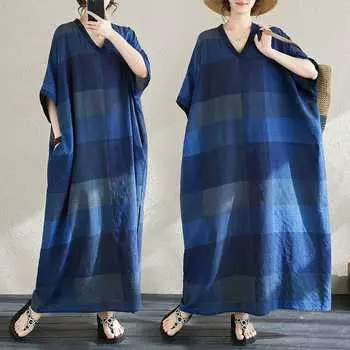 Летнее цветное платье в стиле «отпуск» с V-образным вырезом в стиле ретро, длинное, покрывающее телесный цвет, из хлопка и льна one size синий