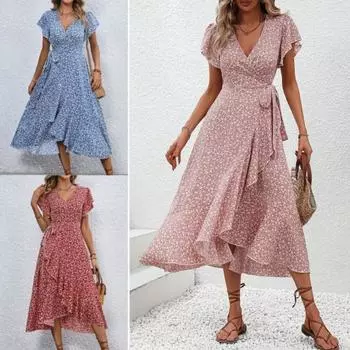 Летнее цветочное макси-платье для женщин с V-образным вырезом, коротким рукавом, оборкой, подолом, платье-халат в стиле бохо, повседневное, разрез, струящееся, длинное пляжное платье XXL небесно-голубой