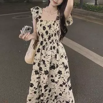 Летнее цветочное платье с французскими рукавами для женщин, утягивающее миди в стиле Хепберн Medium абрикосовый