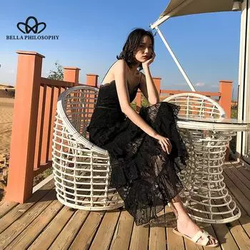 Летнее Делюкс новое сексуальное тонкое черное платье с бретельками для отдыха на берегу моря, кружевное платье для торта, длинное платье в пляжном стиле, отпускное платье S чёрный
