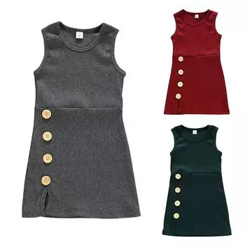 Летнее детское однотонное платье без рукавов для девочек, повседневное платье без рукавов с круглым вырезом и пуговицами для малышей S
