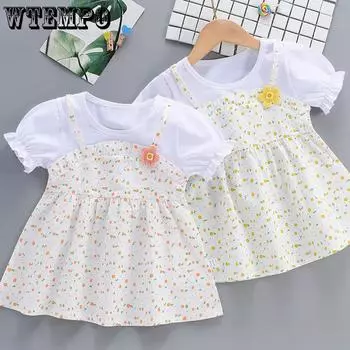 Летнее детское платье для девочек из хлопка с рукавами-фонариками, тонкое платье принцессы с короткими рукавами 90 жёлтый