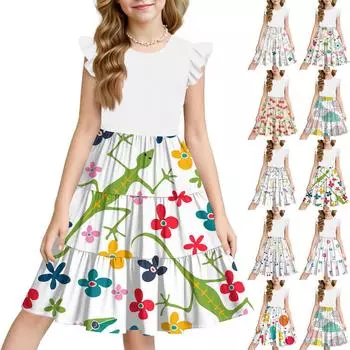 Летнее детское платье для девочек с цветочным принтом, повседневное милое платье принцессы с круглым вырезом 110 бежевый