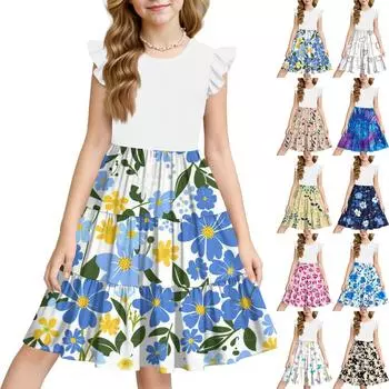 Летнее детское платье для девочек с цветочным принтом, повседневное милое платье принцессы с круглым вырезом 110 бежевый