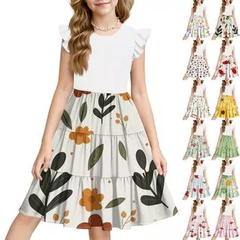 Летнее детское платье для девочек с цветочным принтом, повседневное милое платье принцессы с круглым вырезом 110 бежевый