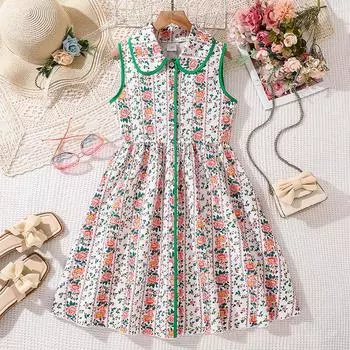 Летнее детское платье принцессы без рукавов с кукольным воротником и цветочным принтом для девочек 130cm=8Y