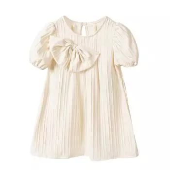Летнее детское платье с большим бантом, легкая плиссированная дышащая модная юбка-трапеция для принцессы 100 бежевый