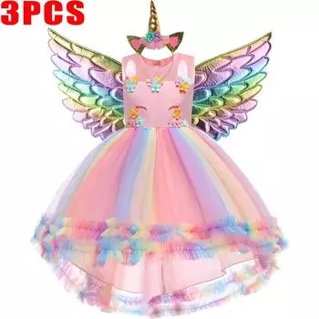 Летнее детское праздничное платье с радужным единорогом для девочек, одежда, кружевные платья принцессы на день рождения и свадьбу, детский костюм, платье 110CM белый