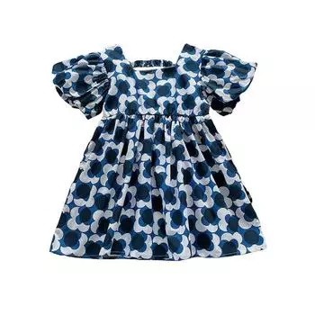 Летнее детское пышное платье с цветочным принтом на талии для девочек, платье в корейском стиле с пузырьковыми рукавами 120