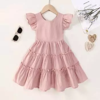 Летнее детское удобное и повседневное платье принцессы с маленькими рукавами-крылышками и круглым вырезом для девочек 100