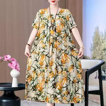 Летнее длинное платье больших размеров с винтажным принтом для женщин, элегантное свободное летнее платье с коротким рукавом большого размера XL