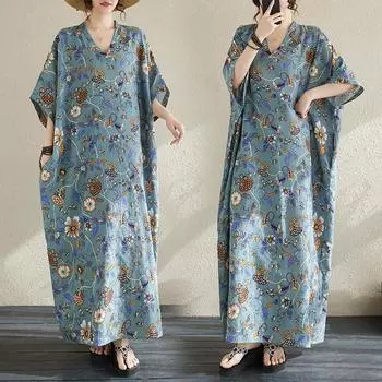 Летнее длинное платье больших размеров для пляжа, для женщин, с V-образным вырезом, с цветочным принтом, для отдыха, из мягкого льна, свободного кроя, для макси-платьев One Size