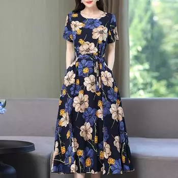 Летнее длинное платье для женщин. Элегантное летнее платье с короткими рукавами и поясом больших размеров. XL