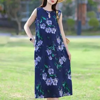 Летнее длинное платье для женщин Свободная винтажная одежда Повседневные элегантные женские платья без рукавов XL