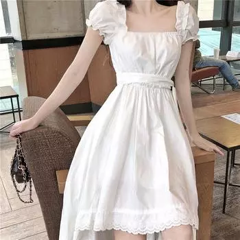 Летнее длинное платье феи с квадратным воротником и рукавами-пузырьками и высокой талией во французском стиле ретро, женское повседневное модное платье S чёрный