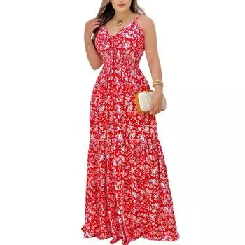 Летнее длинное платье с цветочным принтом, женские сексуальные пляжные сарафаны с разрезом, элегантное платье без рукавов с v-образным вырезом S синий