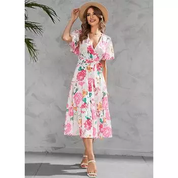 Летнее длинное платье с цветочным принтом, женское сексуальное платье с v-образным вырезом на шнуровке, элегантное вечернее платье с коротким рукавом, женское платье