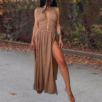 Летнее длинное платье с глубоким V-образным вырезом, без рукавов, на шнуровке, с поясом на талии, ажурное в богемном стиле, плиссированное, с разрезом, пляжное платье макси для отпуска бежевый
