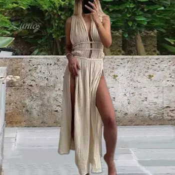 Летнее длинное платье с глубоким V-образным вырезом, без рукавов, на шнуровке, с поясом на талии, ажурное в богемном стиле, плиссированное, с разрезом, пляжное платье макси для отпуска бежевый