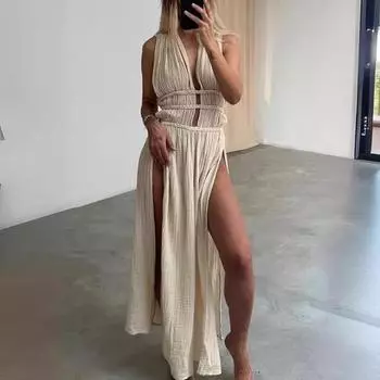 Летнее длинное платье с глубоким V-образным вырезом, без рукавов, на шнуровке, с поясом на талии, ажурное в богемном стиле, плиссированное, с разрезом, пляжное платье макси для отпуска бежевый