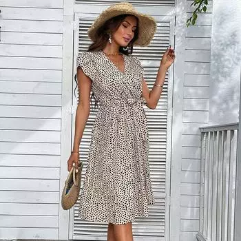 Летнее длинное платье с леопардовым принтом и короткими рукавами и V-образным вырезом и высокой талией S хаки