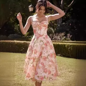 Летнее длинное платье с принтом для женщин в стиле отпуска с v-образным вырезом без рукавов и высокой талией на повязке на пуговицах L