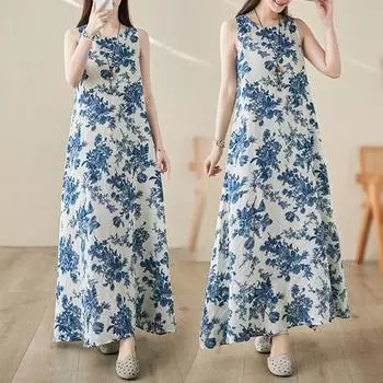 Летнее длинное платье с широкими рукавами и круглым вырезом, напечатанное платье для женщин, повседневные платья M