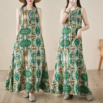 Летнее длинное платье с широкими рукавами и круглым вырезом, напечатанное платье для женщин, повседневные платья M зелёный